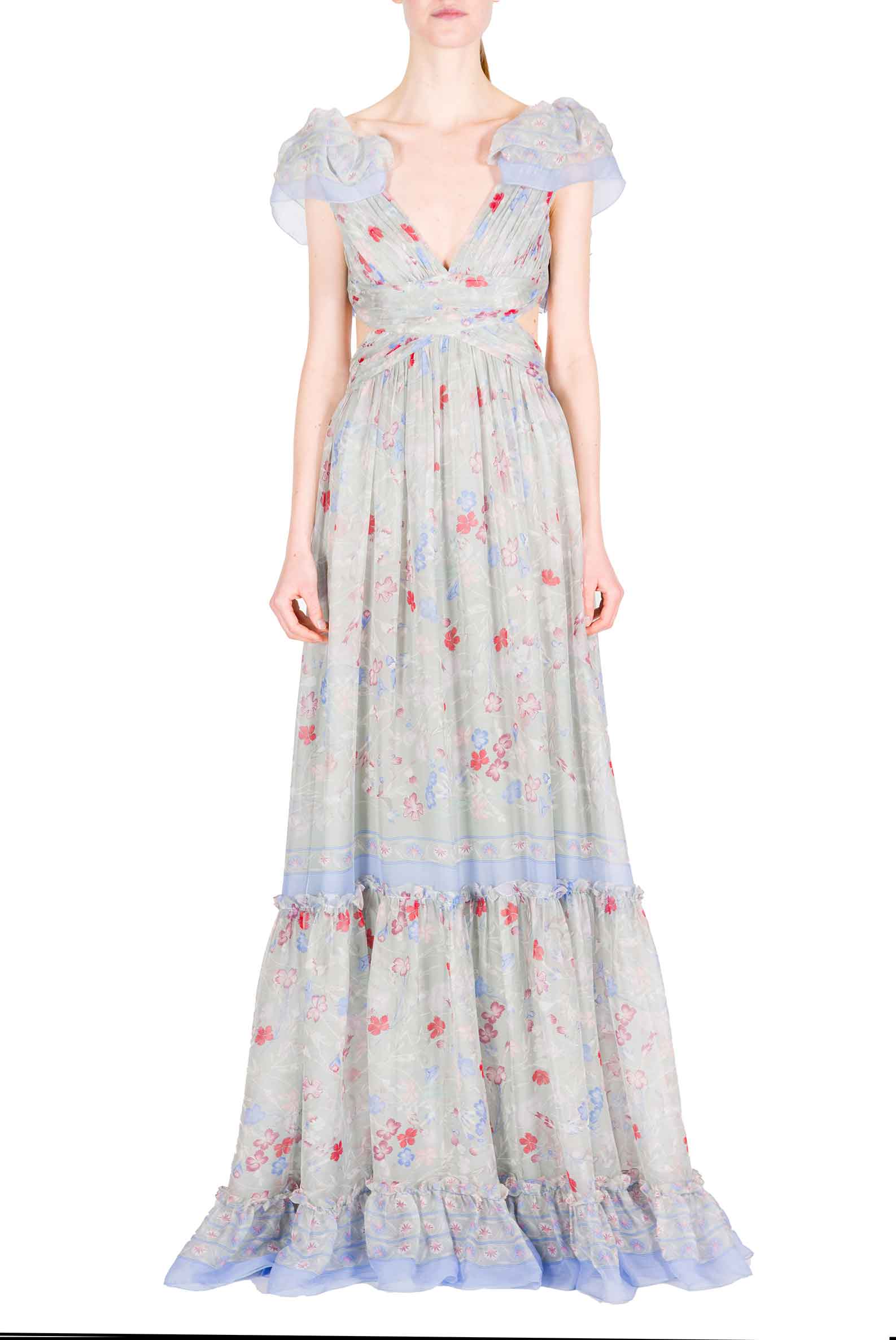 Abito in Chiffon Stampato con Schiena Scoperta in Fiori Gilly