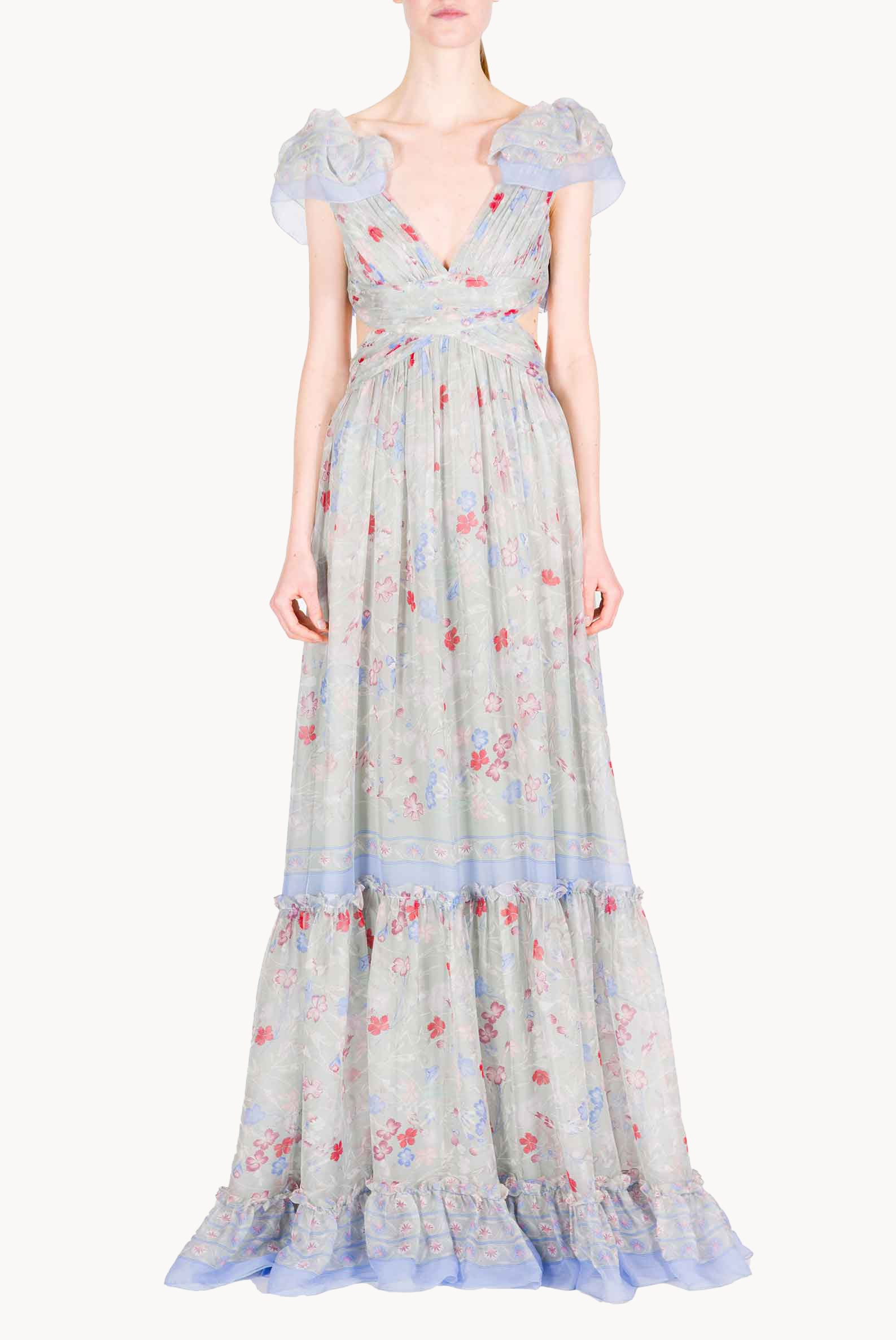 Abito in Chiffon Stampato con Schiena Scoperta in Fiori Gilly