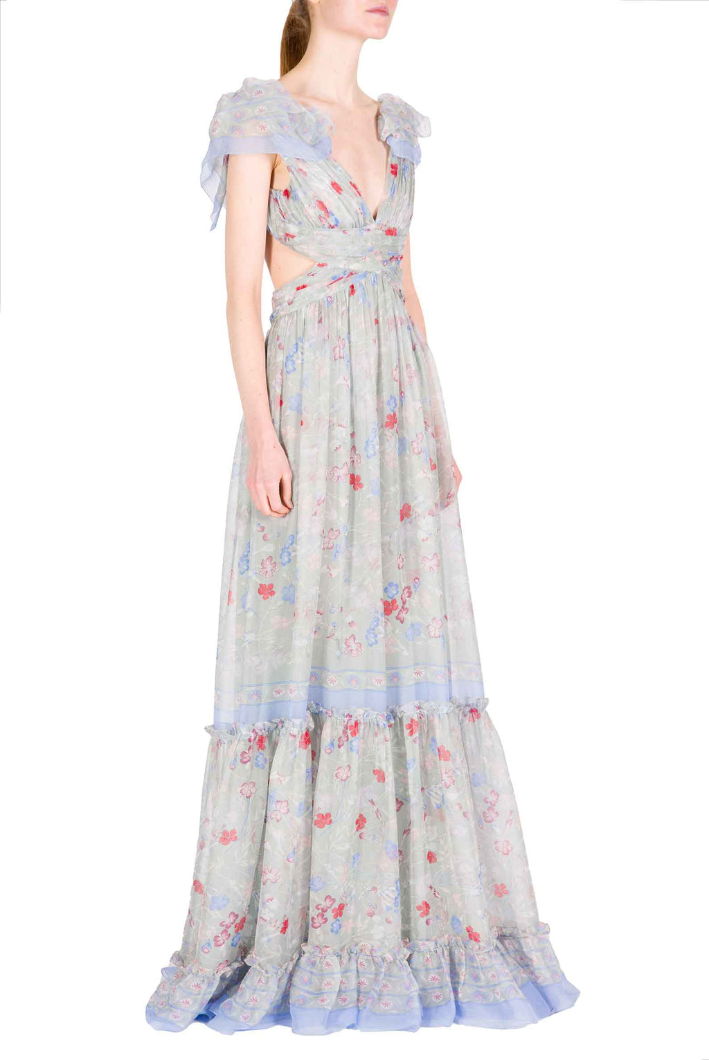 Abito in Chiffon Stampato con Schiena Scoperta in Fiori Gilly