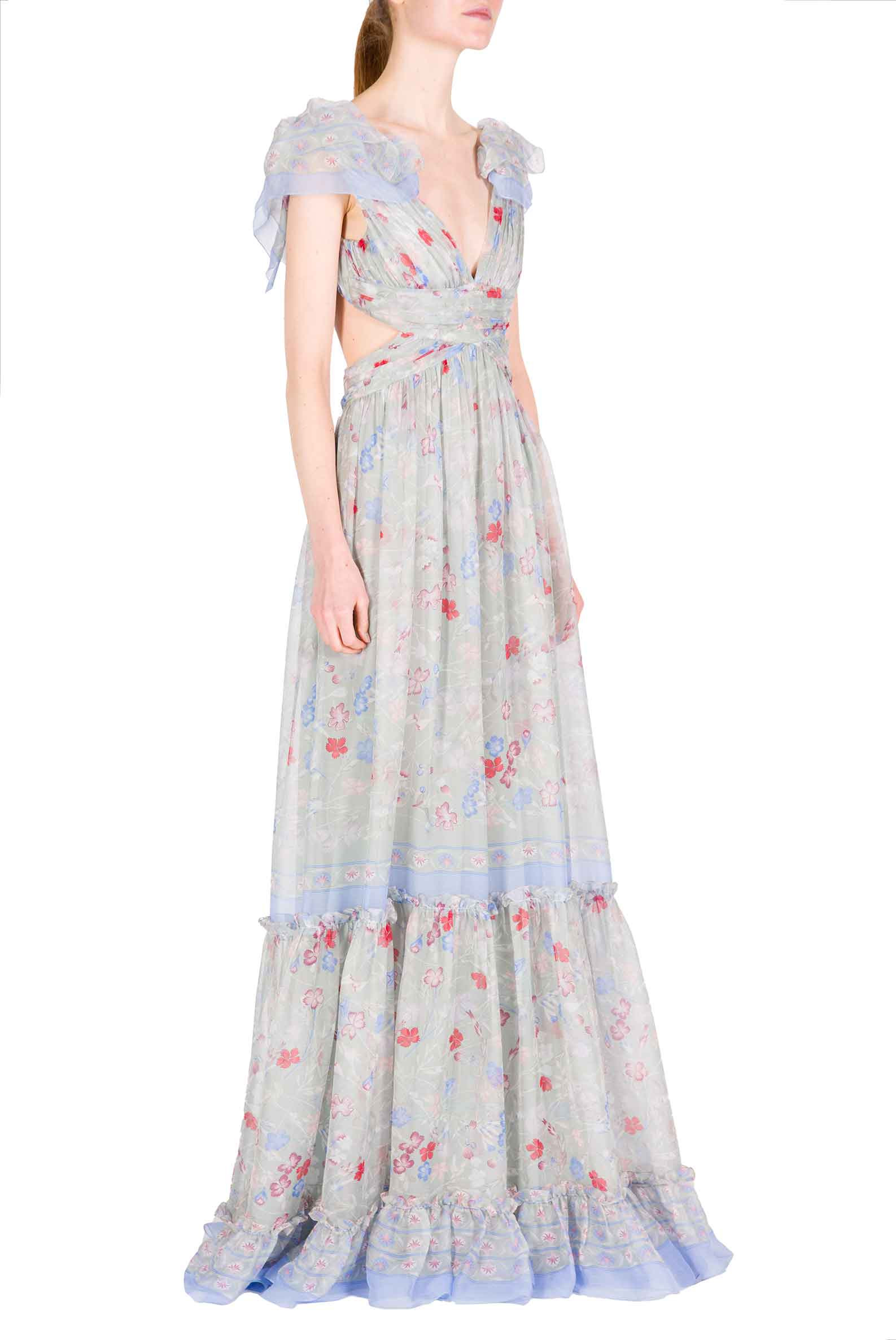 Abito in Chiffon Stampato con Schiena Scoperta in Fiori Gilly