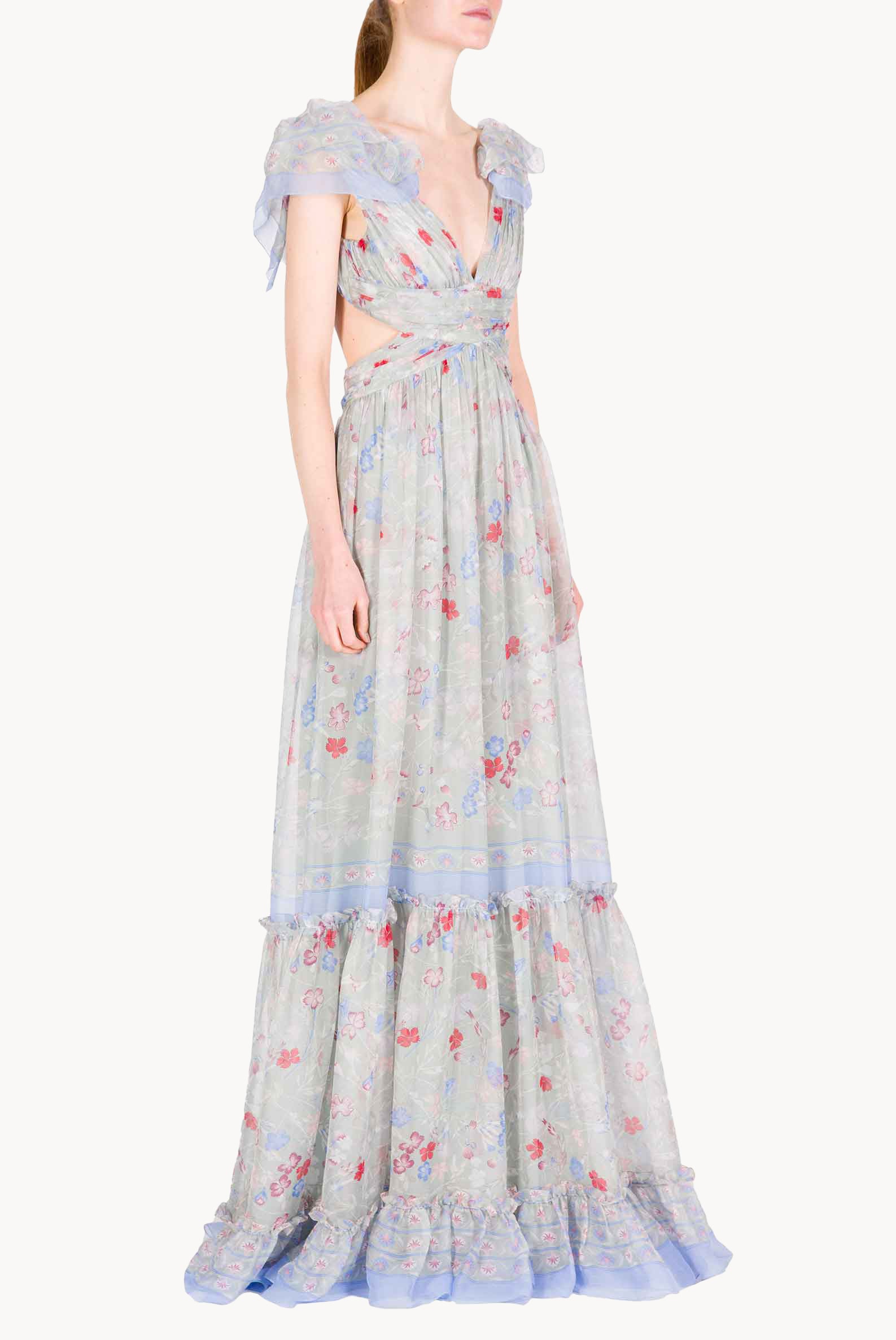 Abito in Chiffon Stampato con Schiena Scoperta in Fiori Gilly