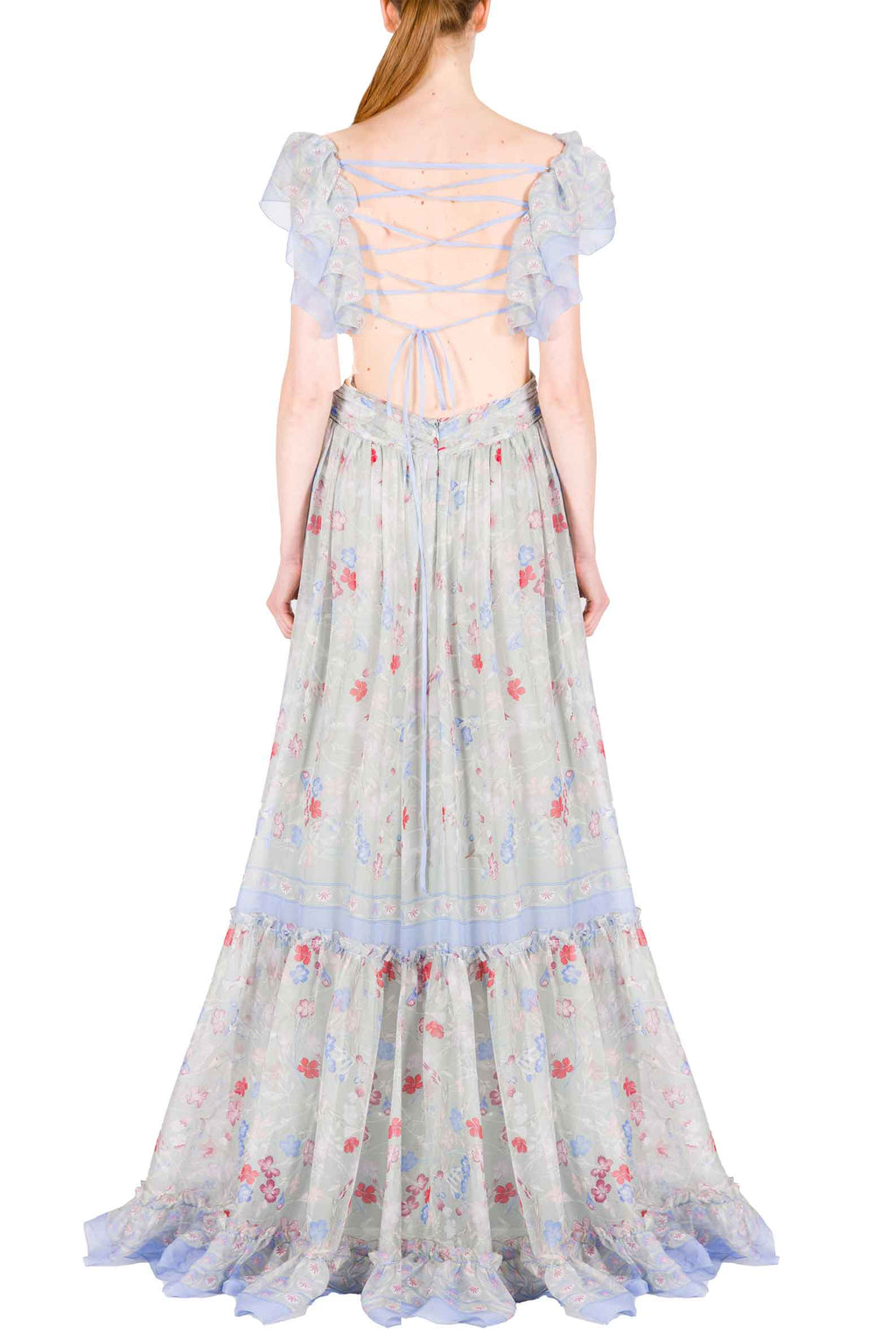 Abito in Chiffon Stampato con Schiena Scoperta in Fiori Gilly