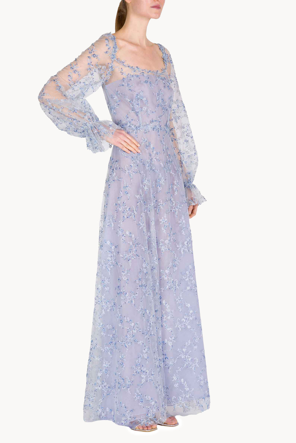Blue Tulle Evening Dress With Embroidery