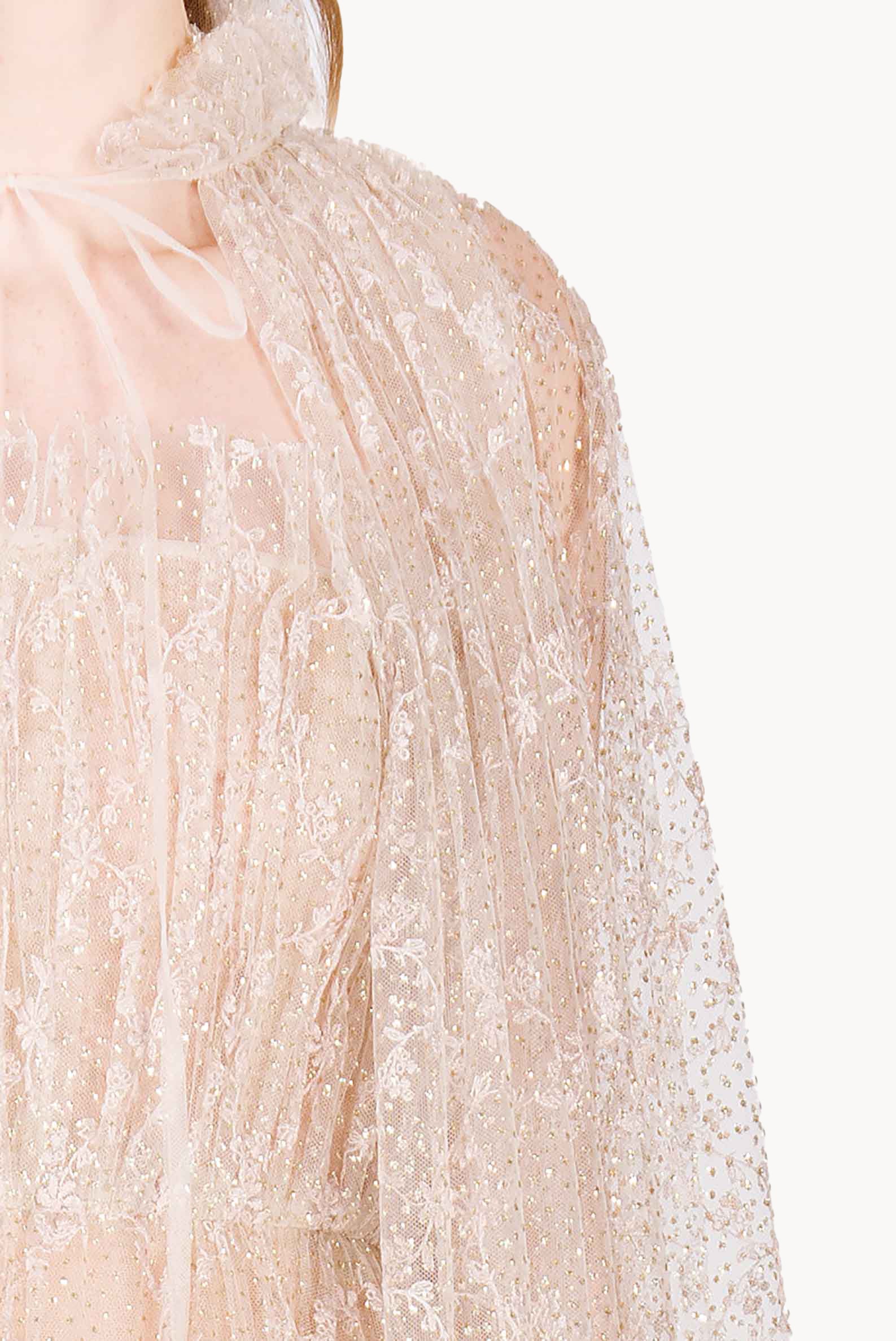 Evening Embroidered Shiny Tulle Mantle Gown