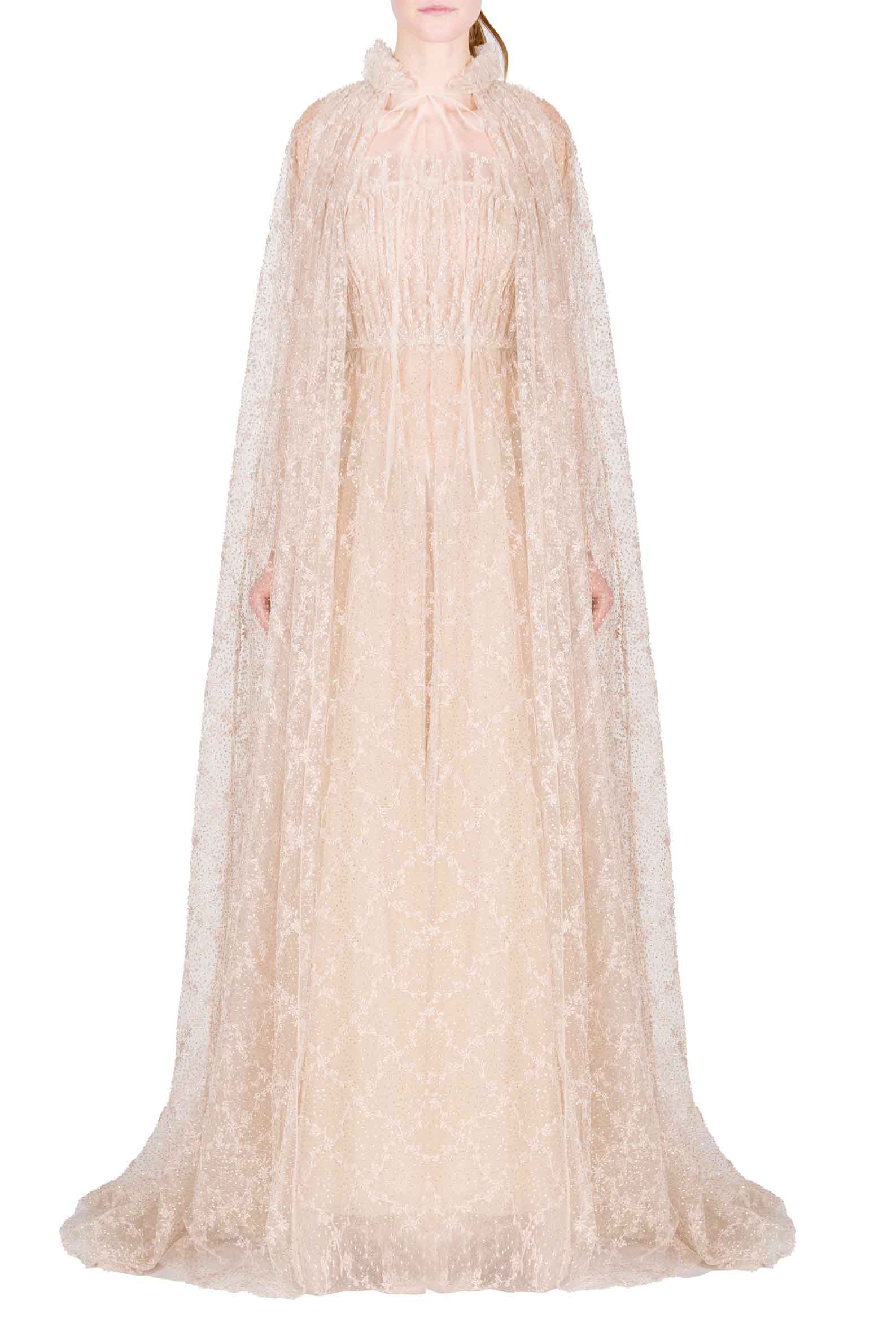 Abito da Sera con Mantella in Tulle Lucido Ricamato