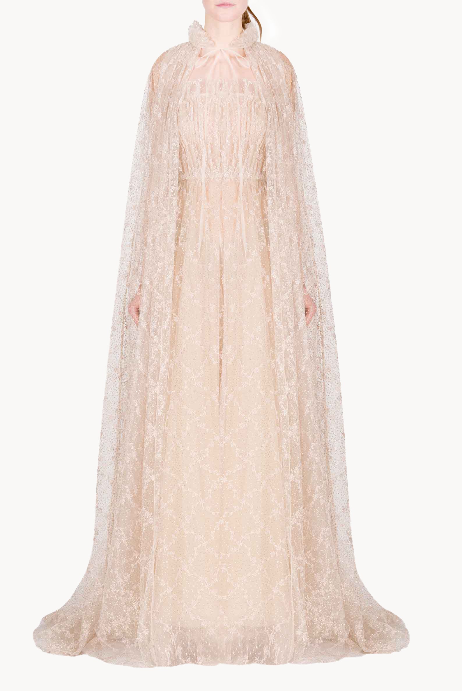 Abito da Sera con Mantella in Tulle Lucido Ricamato