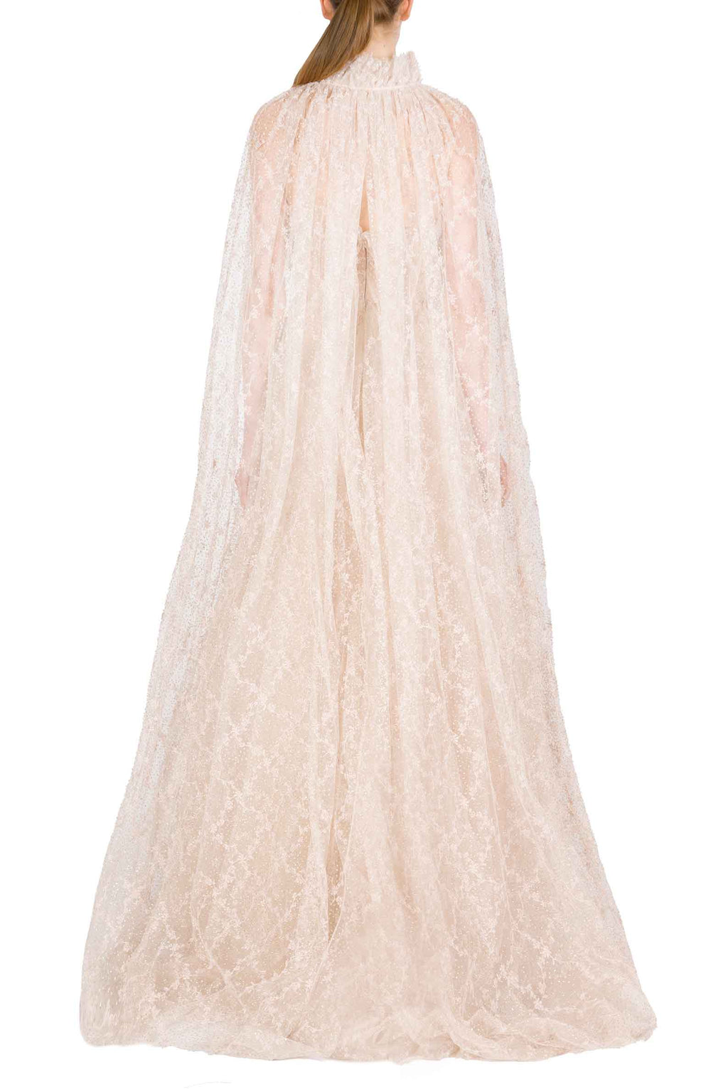 Abito da Sera con Mantella in Tulle Lucido Ricamato