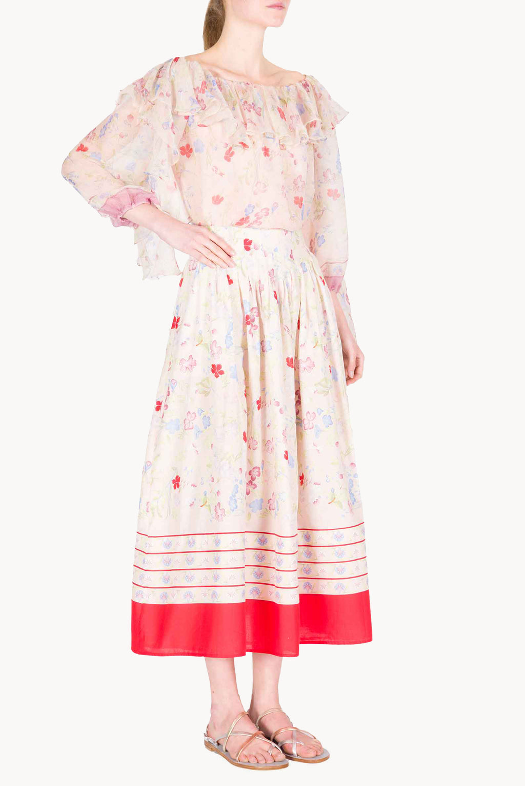 Cotton Pleated Midi Skirt in Gilly Flowers
