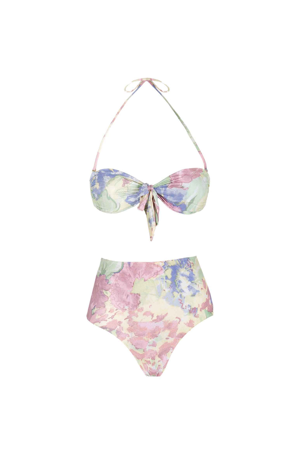Bikini a Fascia e Vita Alta in Fiori Astratti
