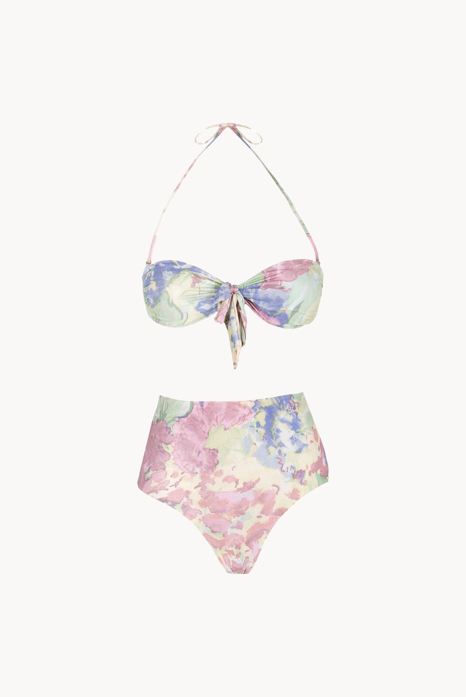 Bikini a Fascia e Vita Alta in Fiori Astratti