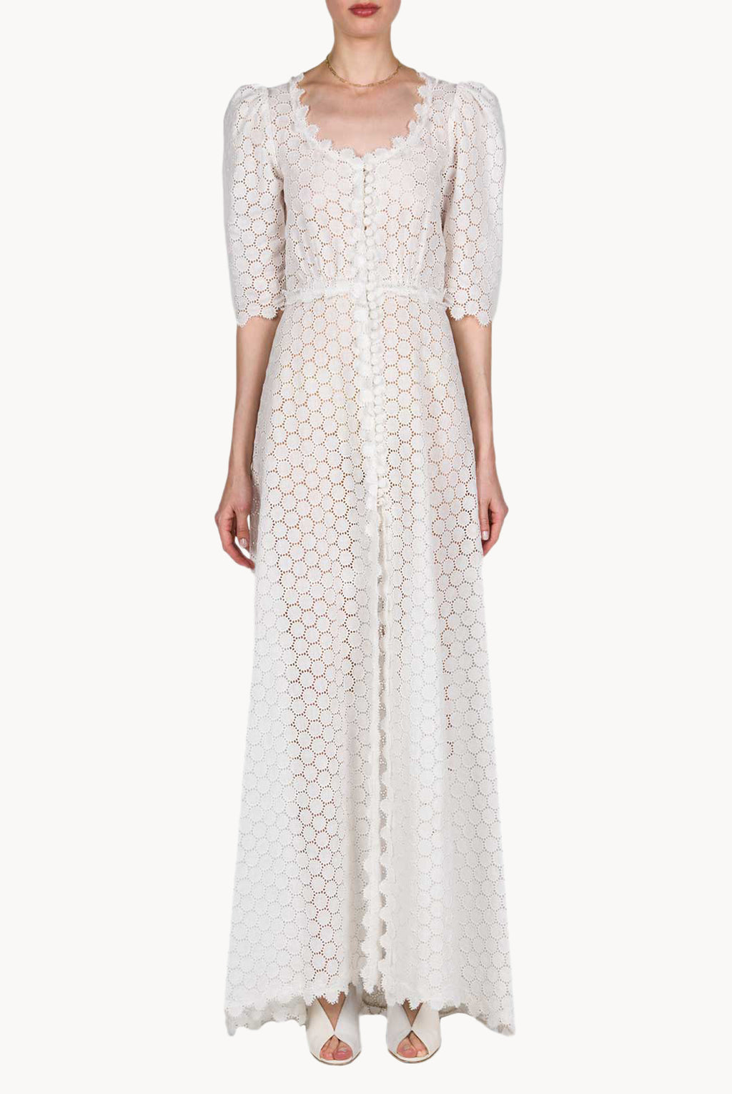 Puffed Sleeve Eyelet Leaf-pattern Bottoncino Dress