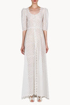 Puffed Sleeve Eyelet Leaf-pattern Bottoncino Dress