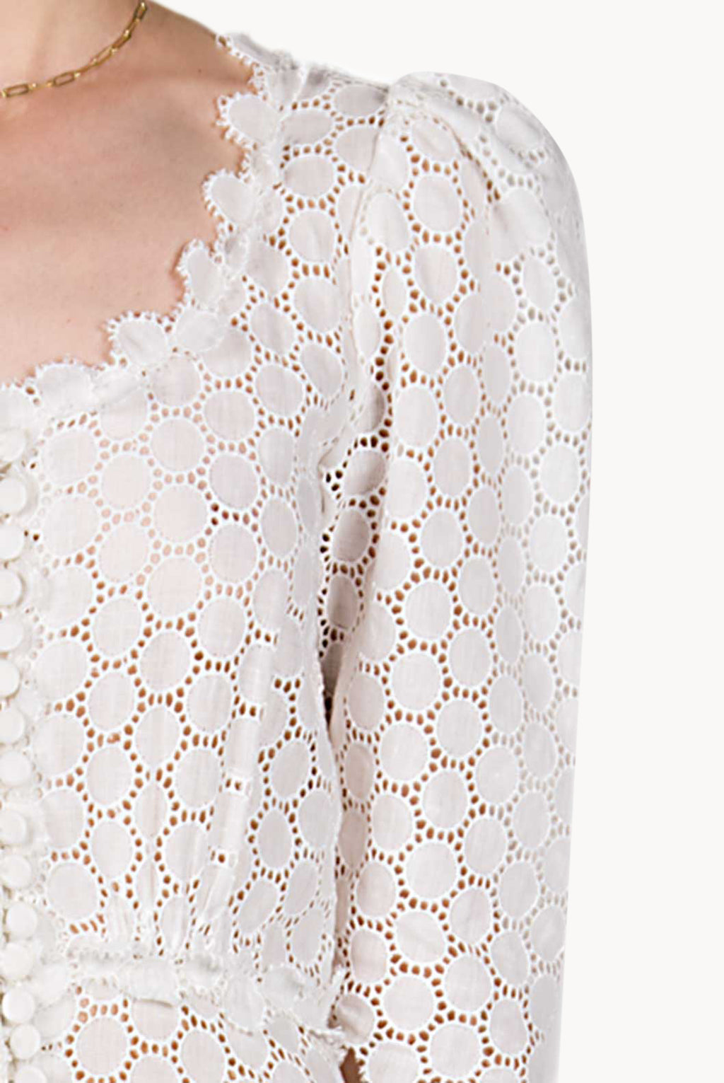 Puffed Sleeve Eyelet Leaf-pattern Bottoncino Dress