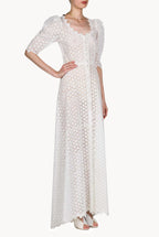 Puffed Sleeve Eyelet Leaf-pattern Bottoncino Dress