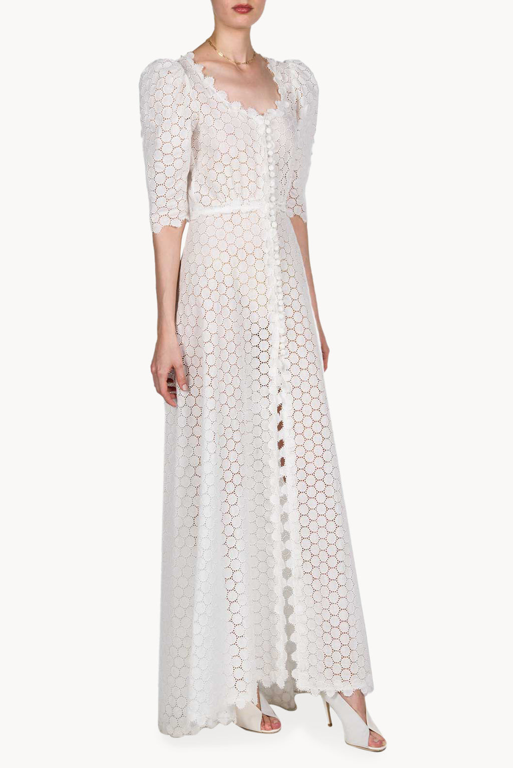 Puffed Sleeve Eyelet Leaf-pattern Bottoncino Dress