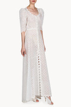 Puffed Sleeve Eyelet Leaf-pattern Bottoncino Dress