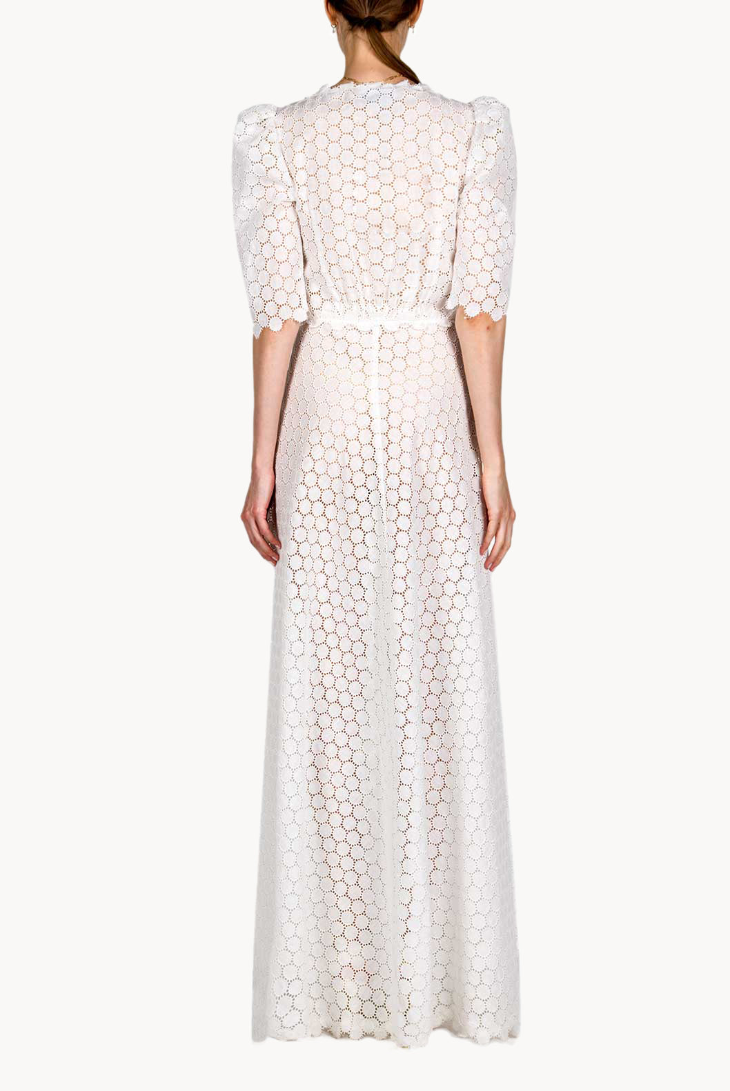 Puffed Sleeve Eyelet Leaf-pattern Bottoncino Dress