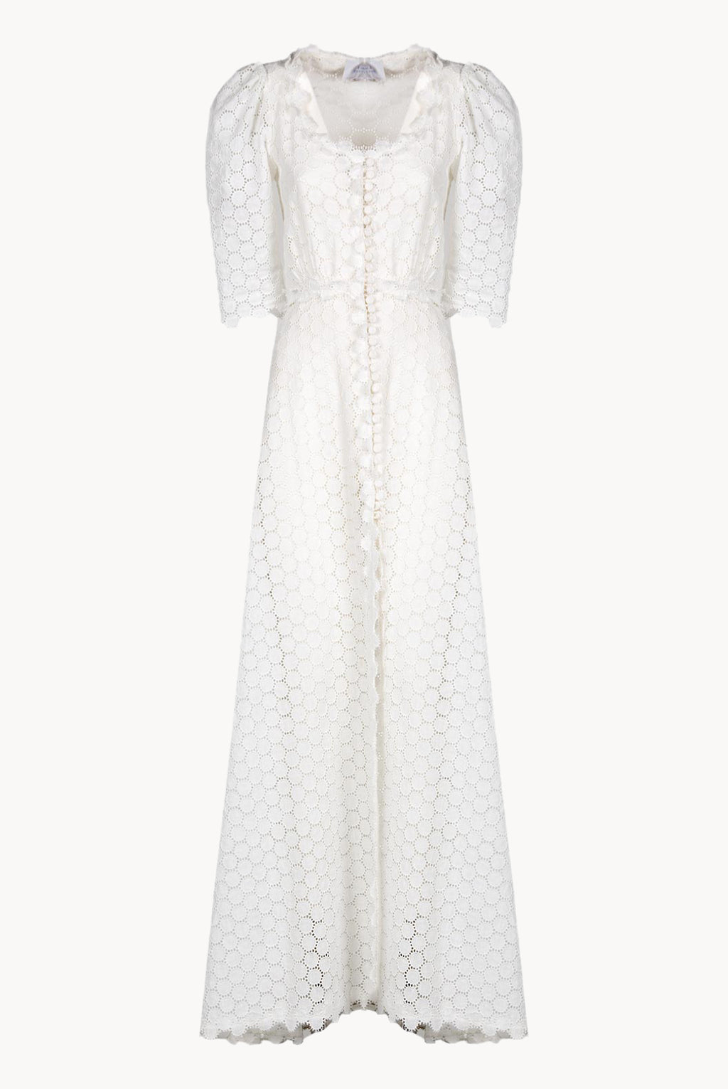 Puffed Sleeve Eyelet Leaf-pattern Bottoncino Dress