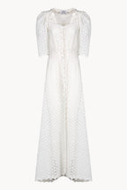 Puffed Sleeve Eyelet Leaf-pattern Bottoncino Dress