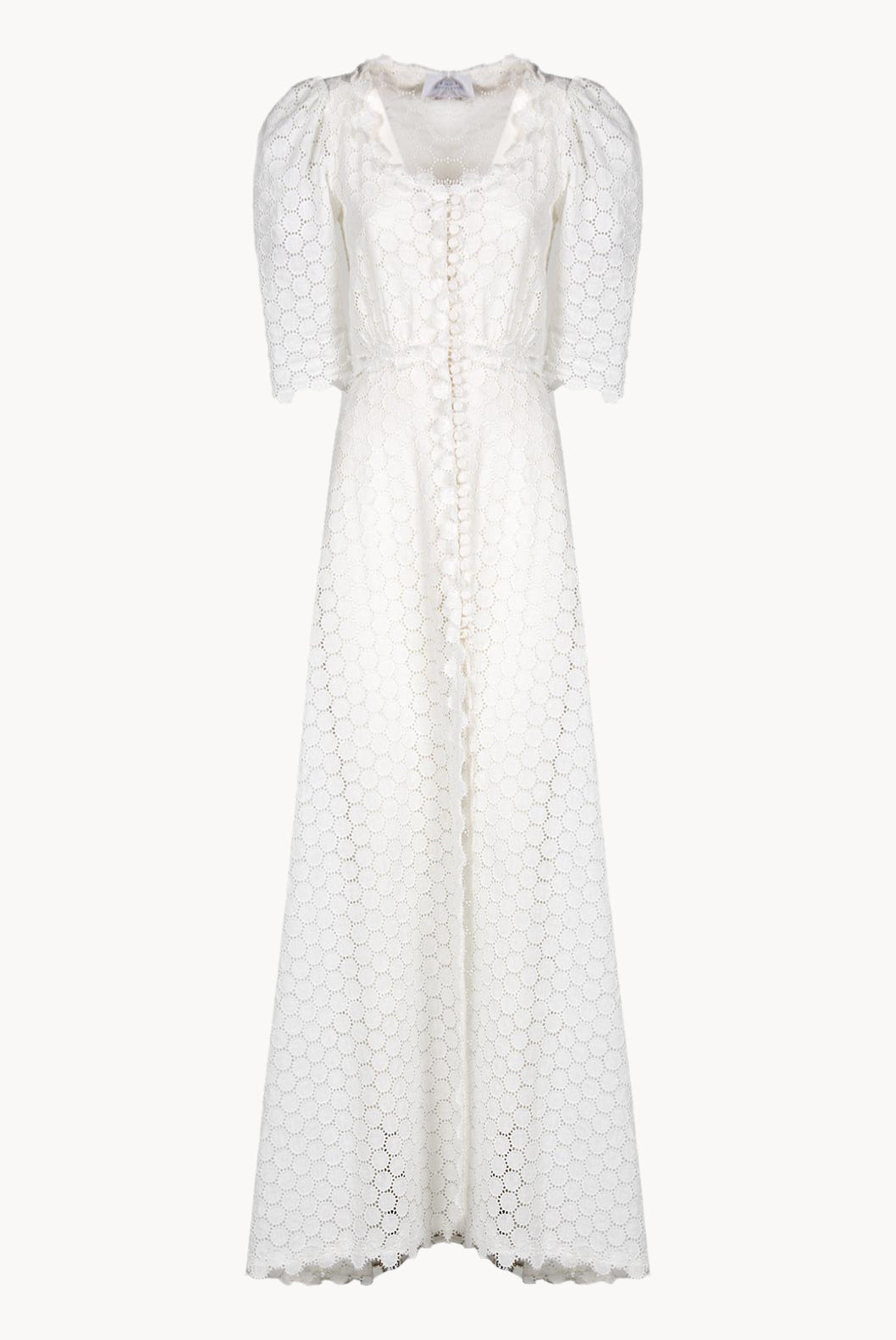 Puffed Sleeve Eyelet Leaf-pattern Bottoncino Dress
