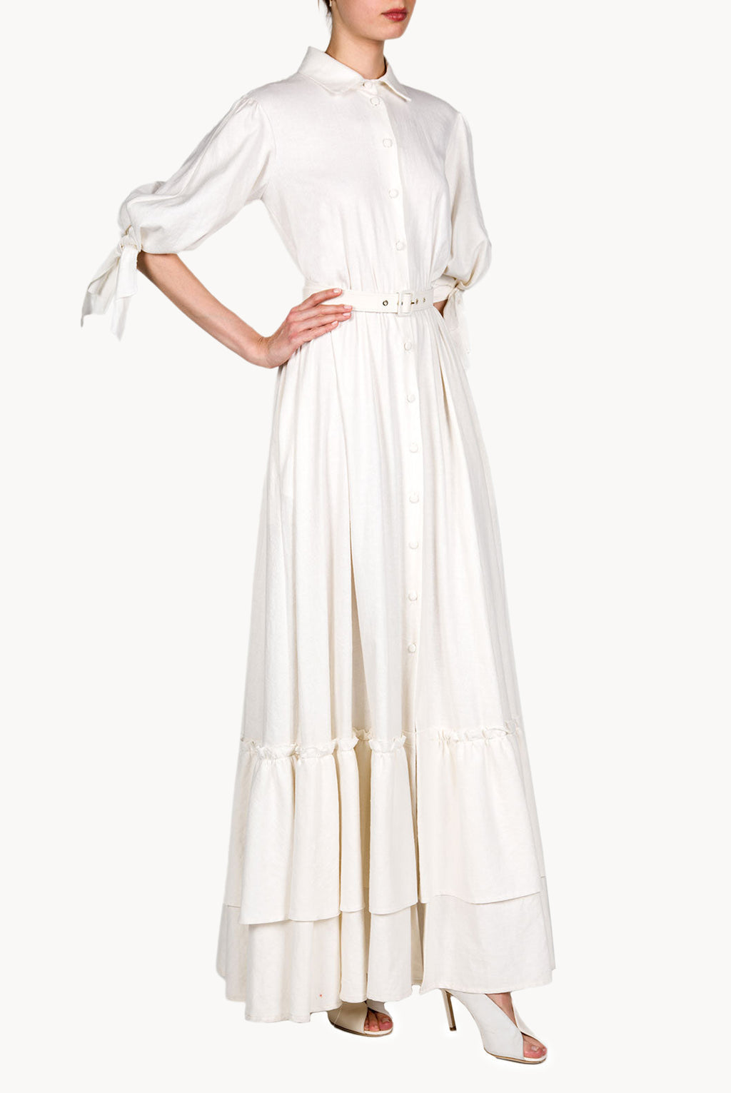 Vestito maxi in lino misto con maniche annodate