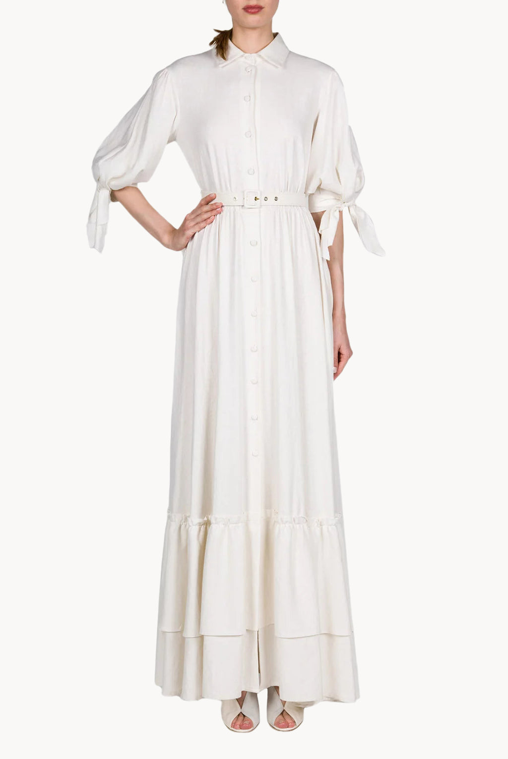 Vestito maxi in lino misto con maniche annodate