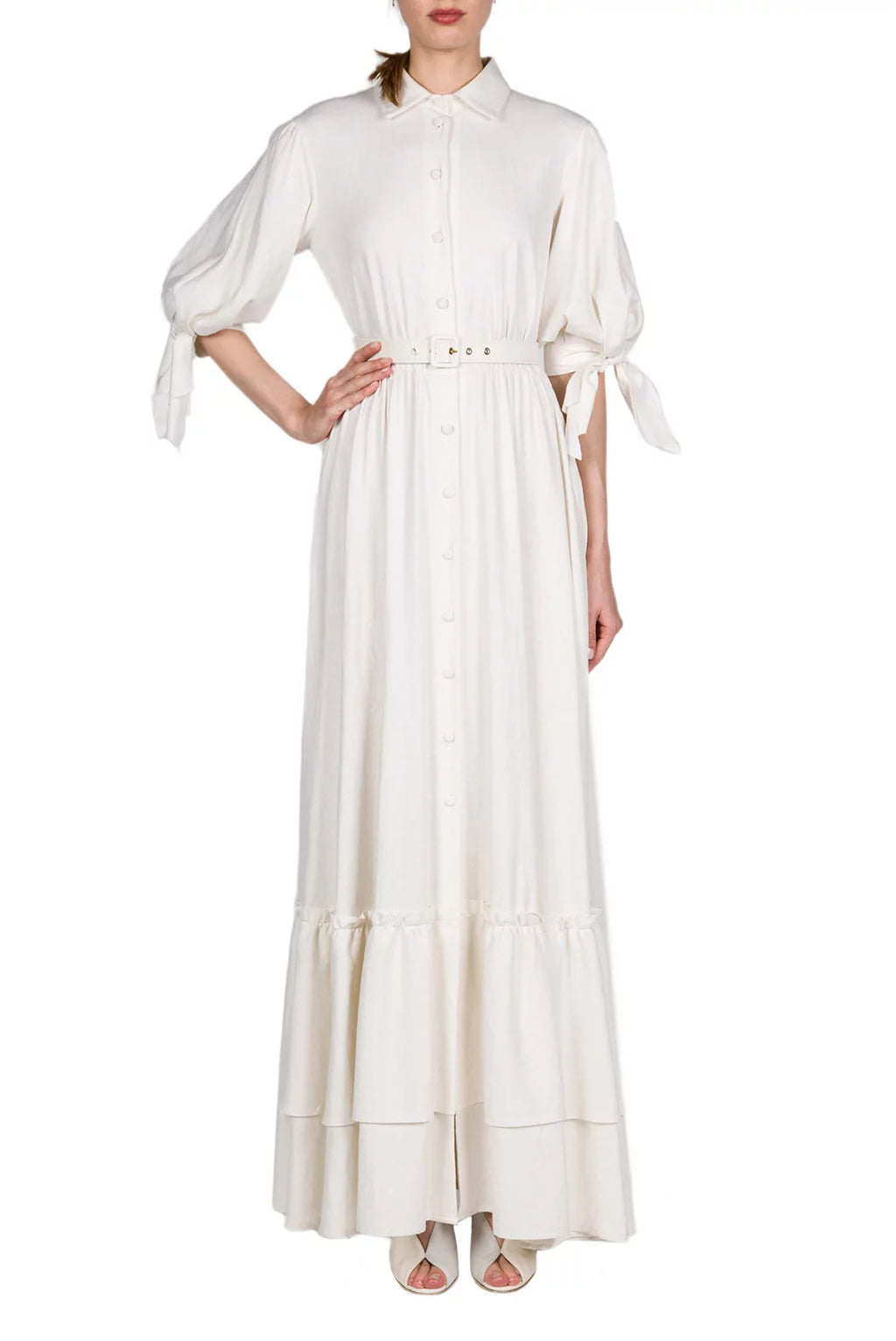 Vestito maxi in lino misto con maniche annodate
