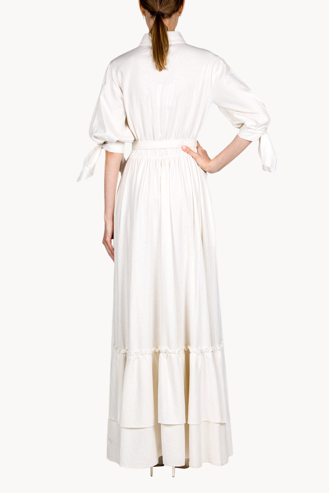 Vestito maxi in lino misto con maniche annodate