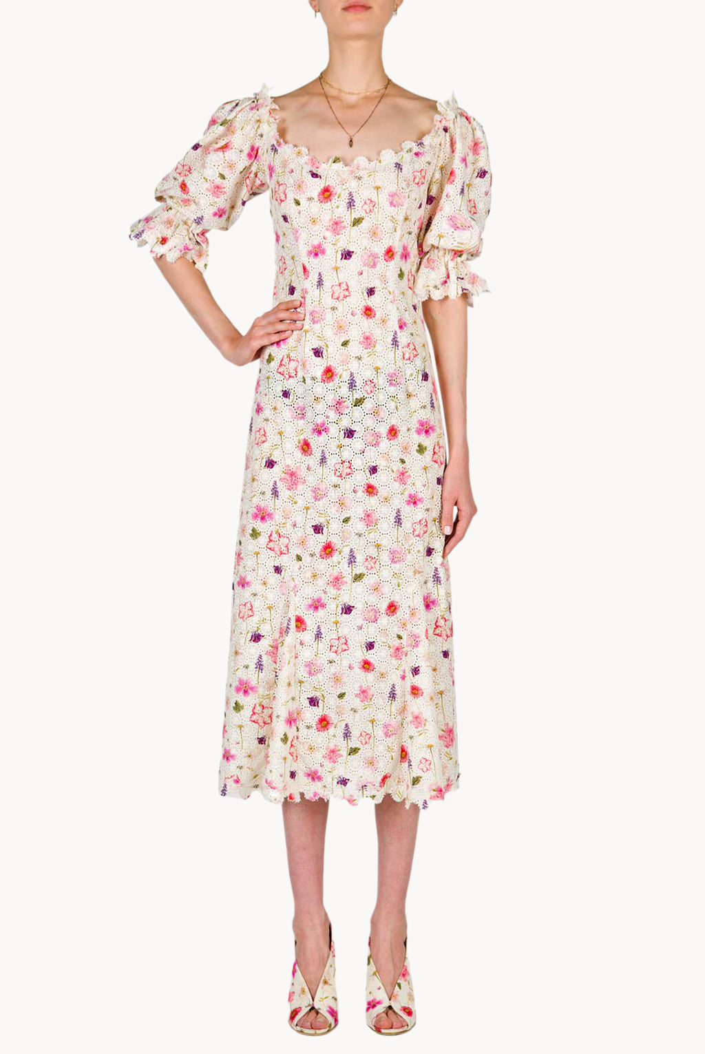 Floral Printed Eyelet Midi Dress