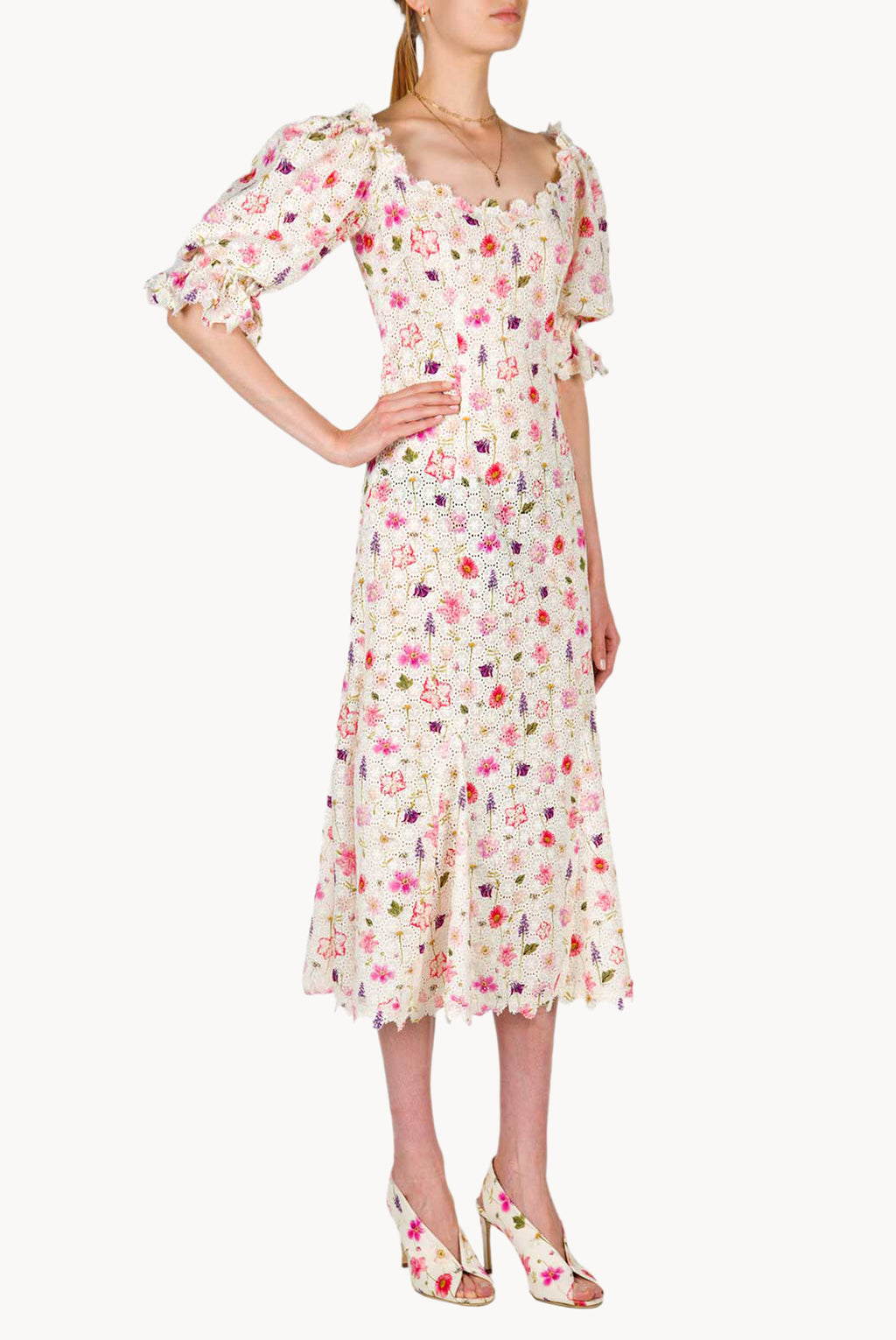 Floral Printed Eyelet Midi Dress