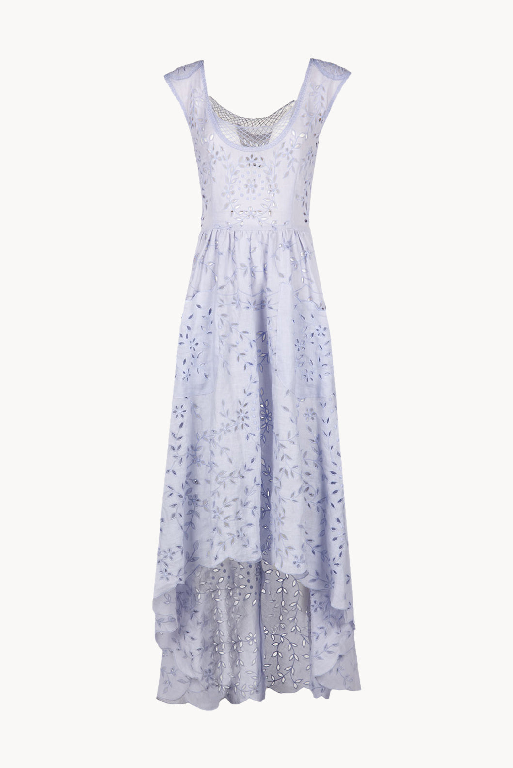 Vestito midi asimmetrico in cotone con ricami e occhielli