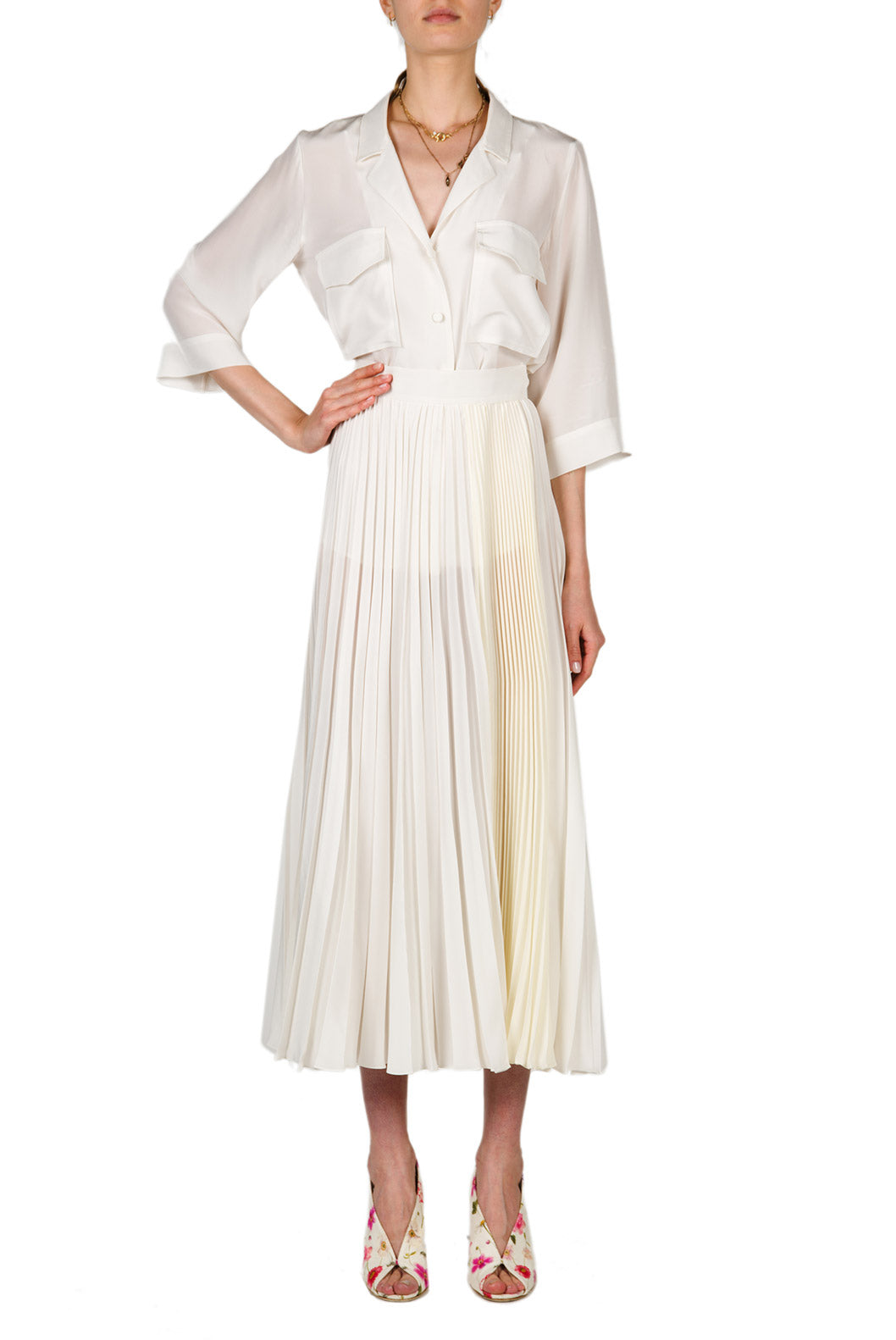 Gonna midi plissettata in crepe de chine