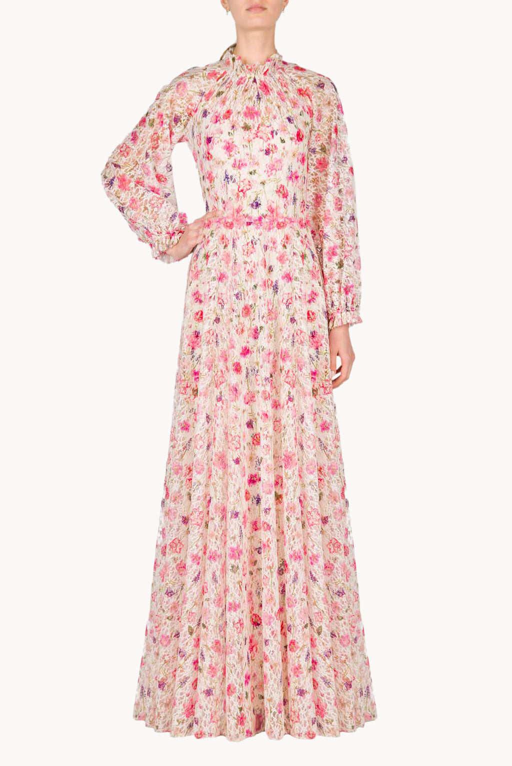 Vestito maxi in pizzo con collo alto stampato floreale