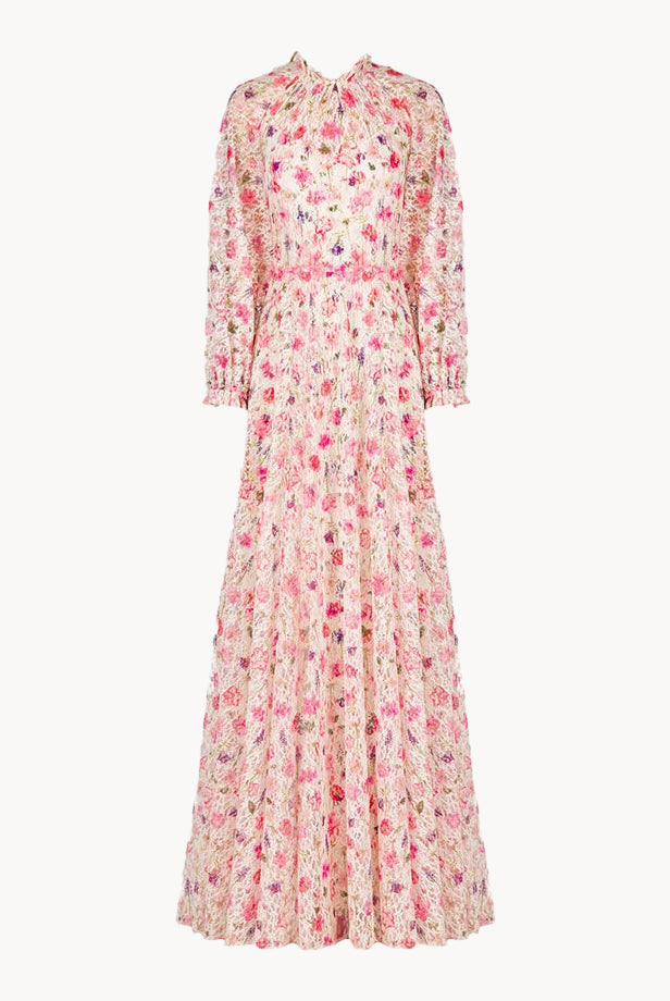 Vestito maxi in pizzo con collo alto stampato floreale