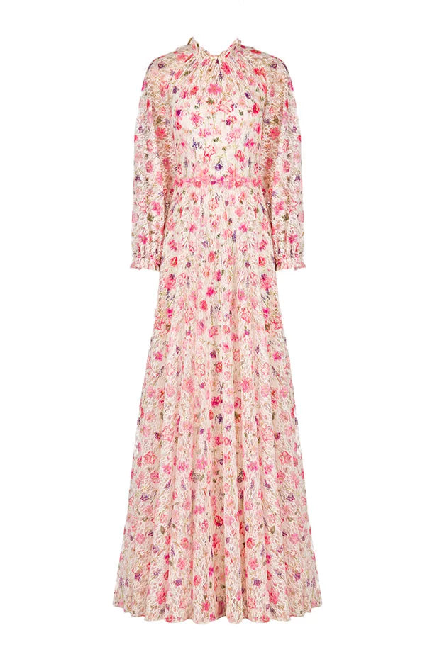 Vestito maxi in pizzo con collo alto stampato floreale