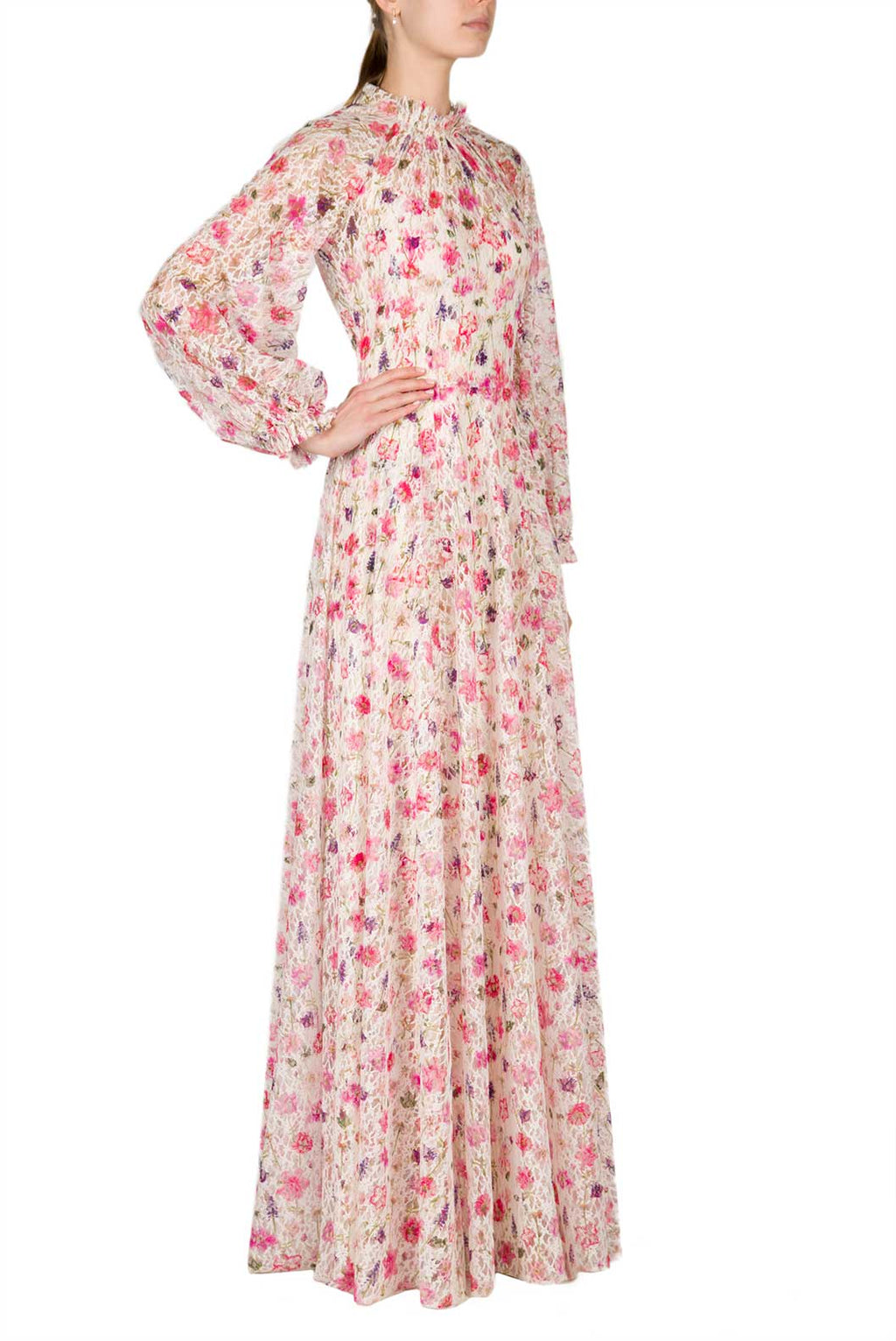 Vestito maxi in pizzo con collo alto stampato floreale