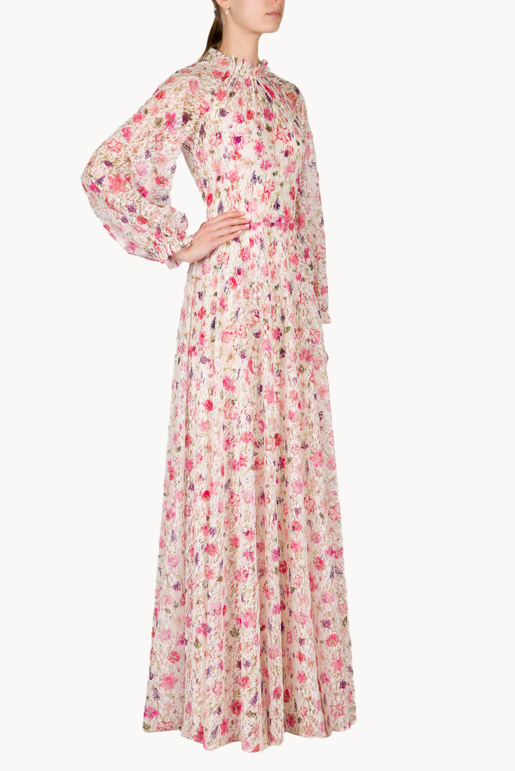 Vestito maxi in pizzo con collo alto stampato floreale