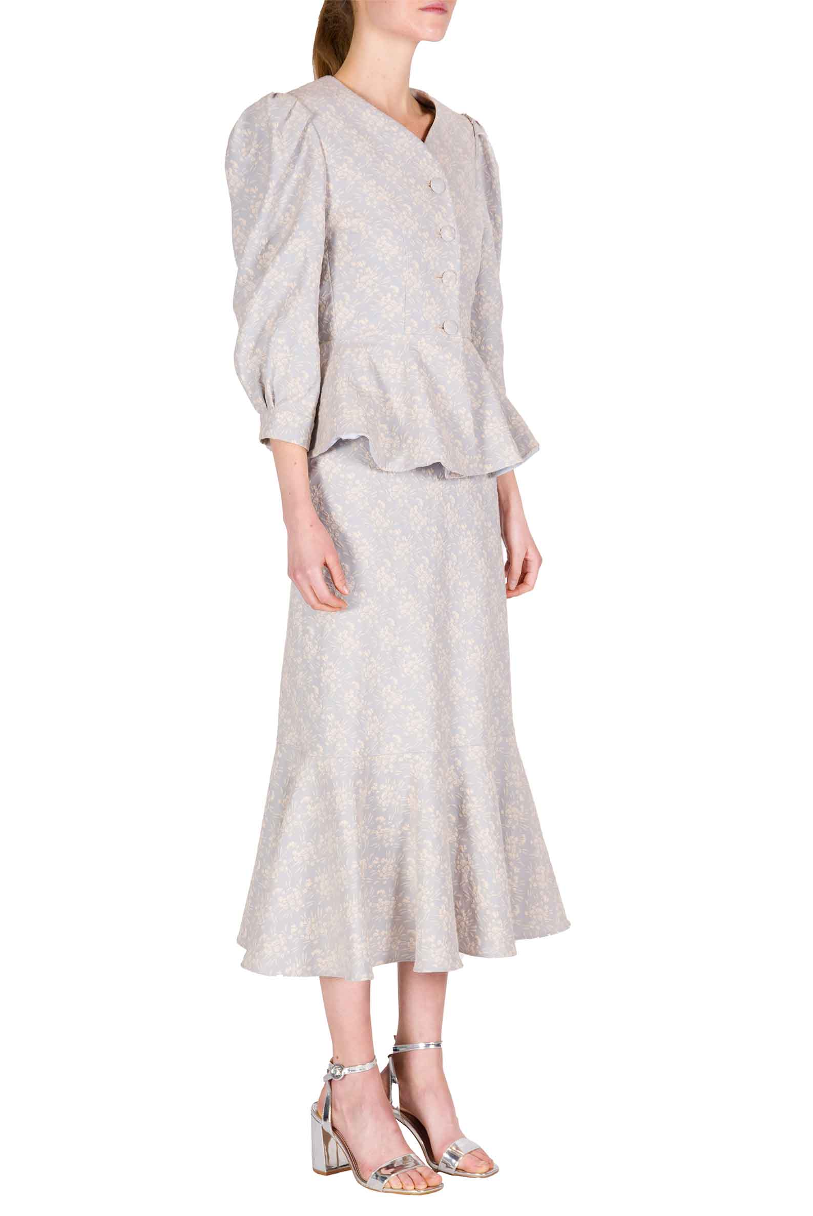 Giacca con Maniche a Sbuffo in Jacquard Floreale con Volant