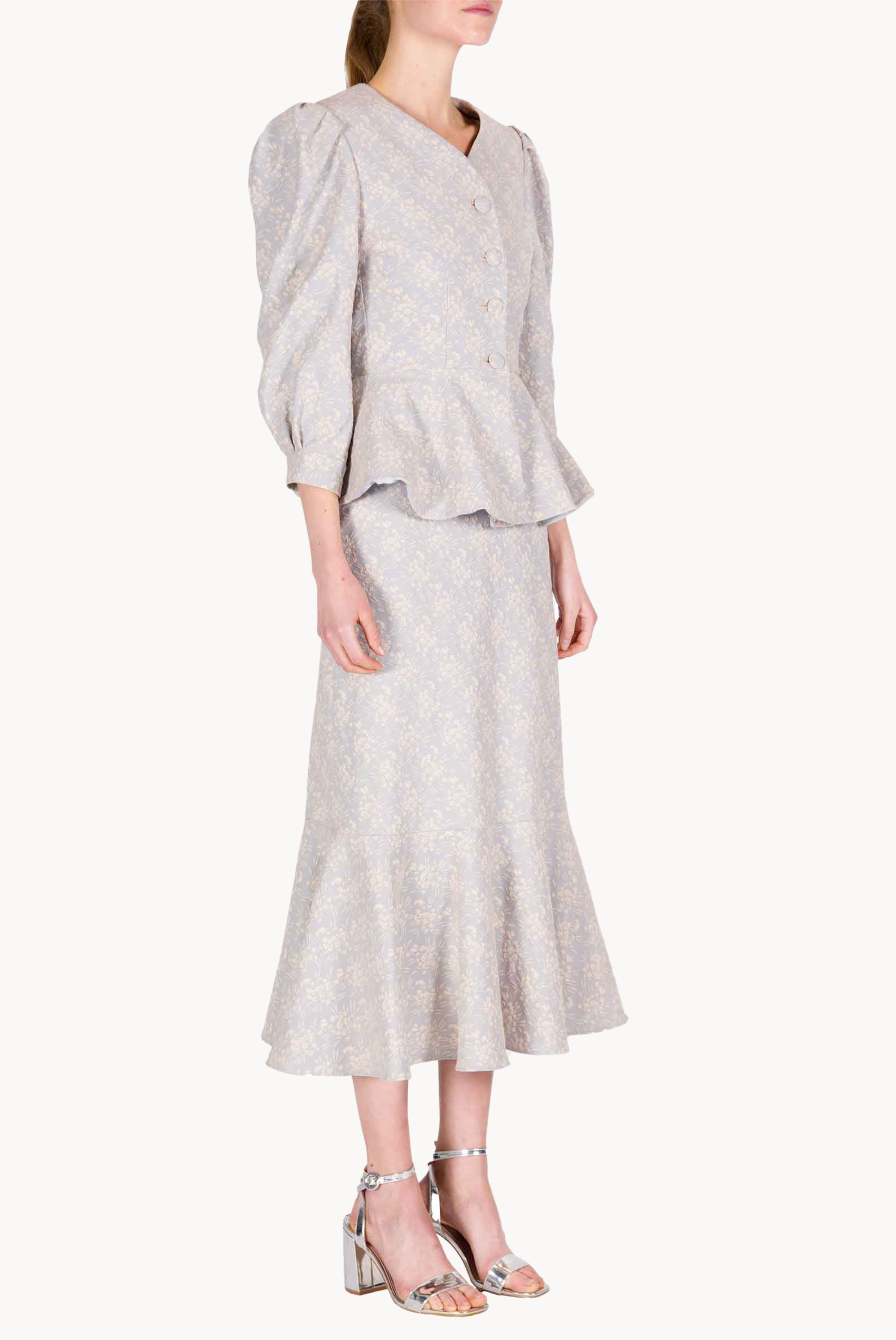 Puffy Sleeve Floral Jacquard Flounced Jacket