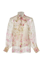 Blusa in Organza di Seta con Fiocco al Collo e Stampa Floreale