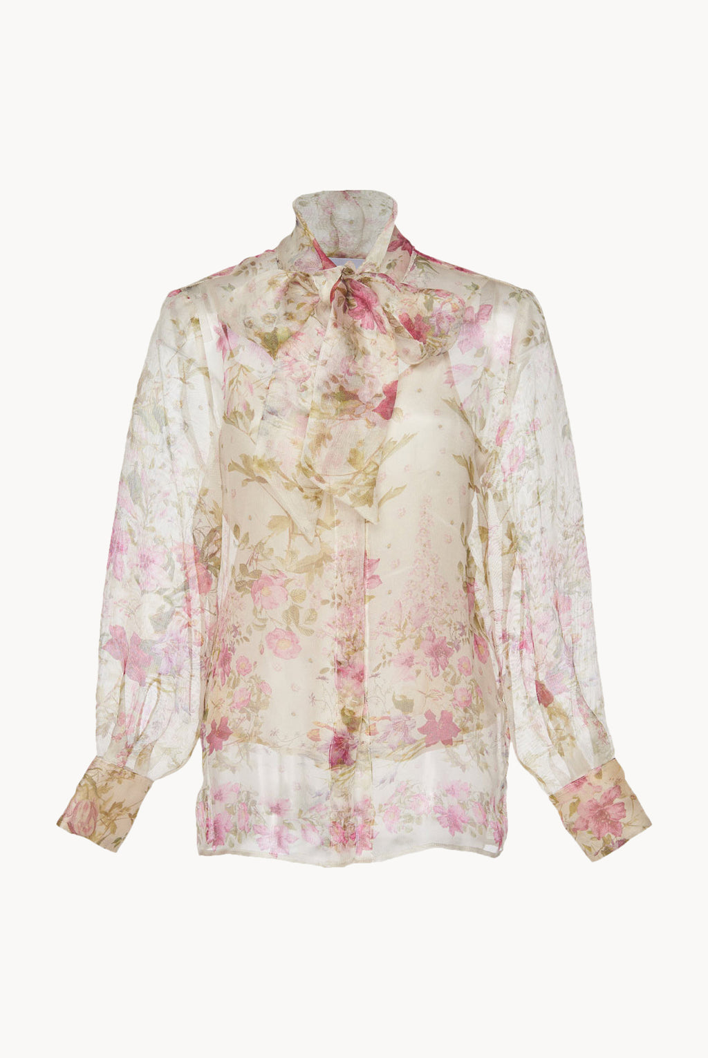 Blusa in Organza di Seta con Fiocco al Collo e Stampa Floreale