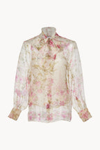 Blusa in Organza di Seta con Fiocco al Collo e Stampa Floreale