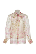 Blusa in Organza di Seta con Fiocco al Collo e Stampa Floreale