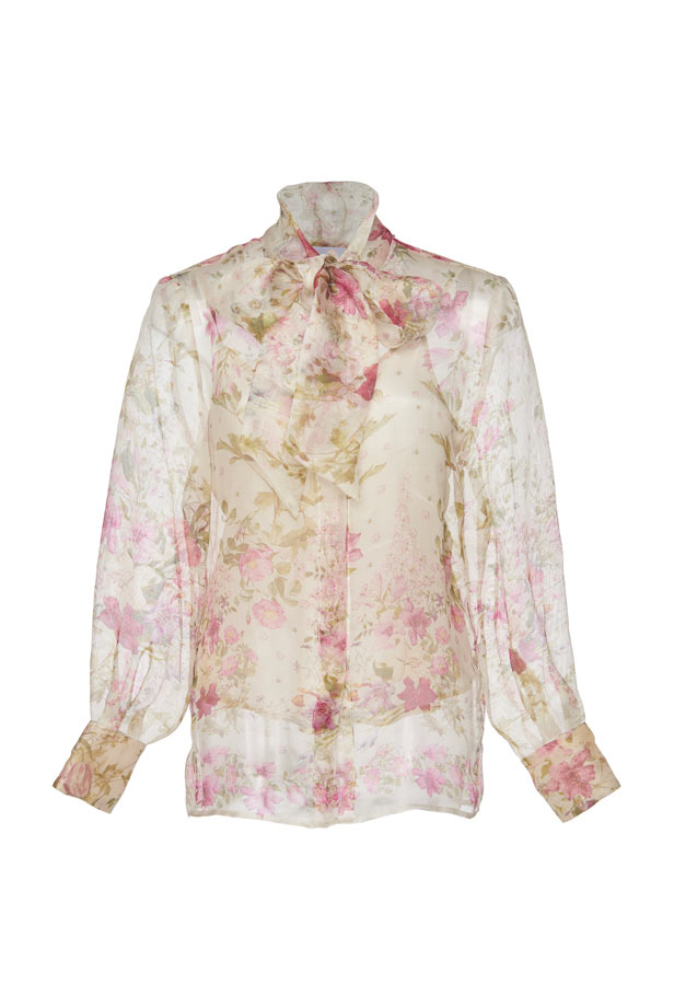 Blusa in Organza di Seta con Fiocco al Collo e Stampa Floreale