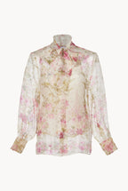 Blusa in Organza di Seta con Fiocco al Collo e Stampa Floreale