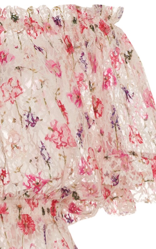 Tuta con stampa floreale, pizzo e spalle scoperte