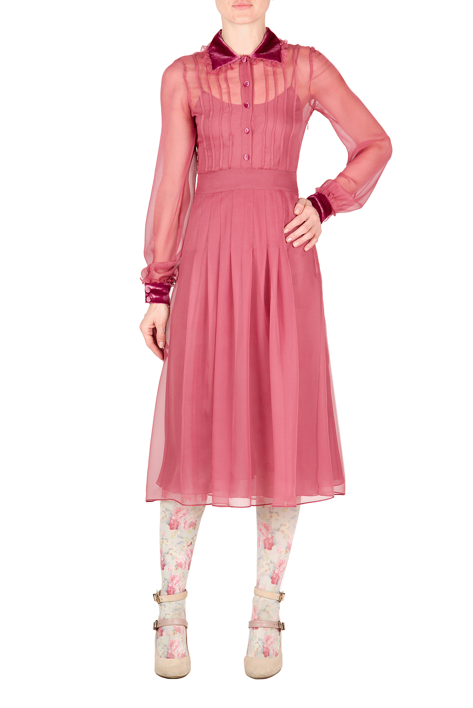 Abito in chiffon con rifiniture in velluto