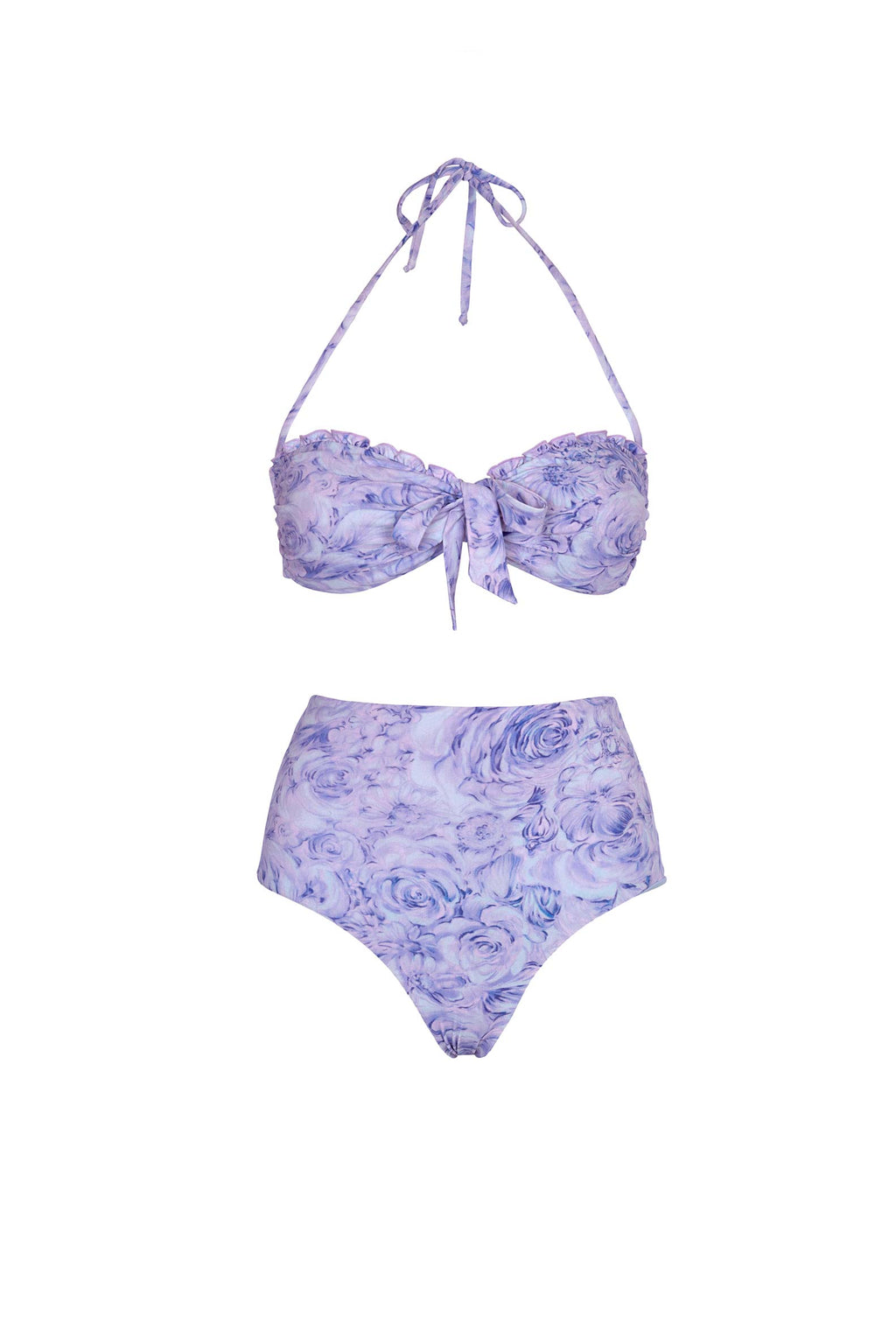 Bikini a fascia e slip a vita alta con rose lilla