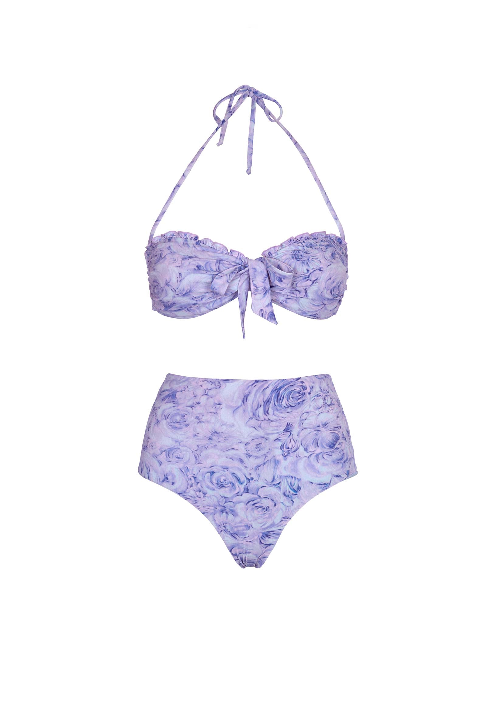 Bikini a fascia e slip a vita alta con rose lilla