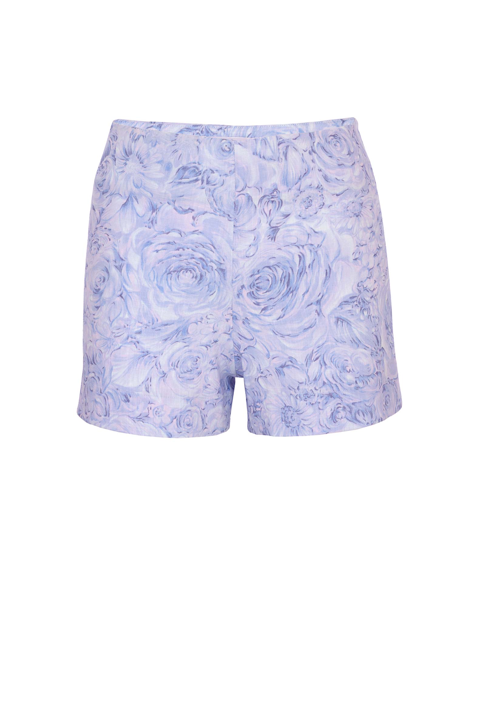 Pantaloncini di lino stampati con rose lilla